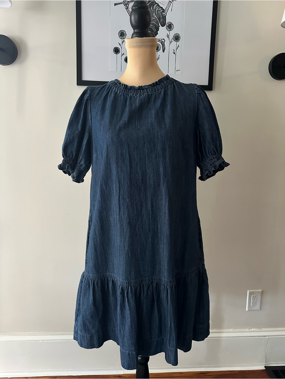 Free Assembly Blue Solid Denim Shift Dress Round Neck Puff Sleeve Pockets XS